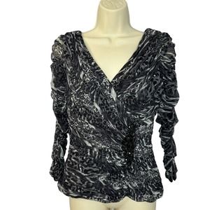 Tadashi Shoji Leopard Print Pleated Ruched Embellished Elegant Blouse Women's S
